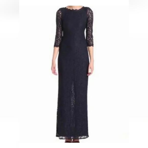 ADRIANNA PAPELL Navy Blue Floral Lace 3/4 Sleeve Evening Gown Maxi Dress Size 4 - Picture 2 of 13